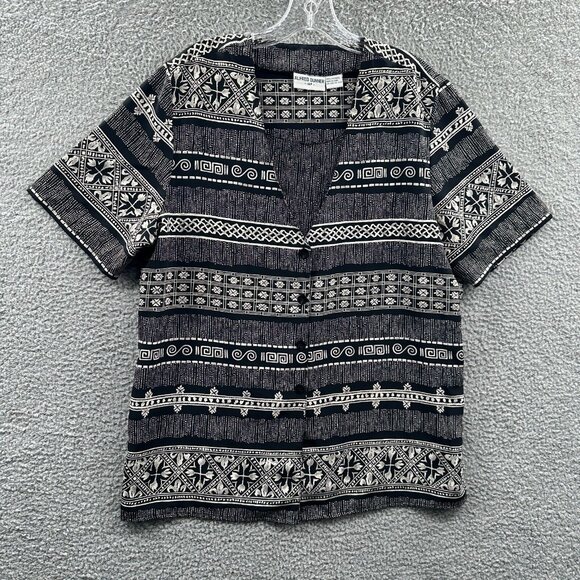 Alfred Dunner Womens Top 16 Petite Black Striped Short Sleeve Button Front Shirt - Picture 1 of 8